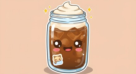 Cartoon iced coffee jar with happy face, kawaii sticker