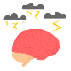 Brain with dark clouds and lightning, representing crisis or severe psychological issues, flat art design style.
