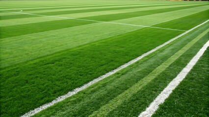 Obraz premium Freshly mowed green grass on a sports field with crisp white lines marking the boundaries.