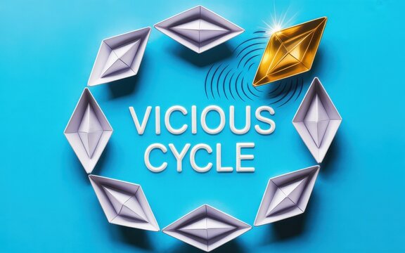 A unique golden paper boat breaks the repetitive formation of a vicious cycle, symbolizing a new solution, leadership, and a path to success