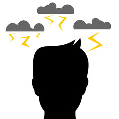 Human head under dark clouds and lightning, representing emotional pressure or heavy stress, flat art design style.
