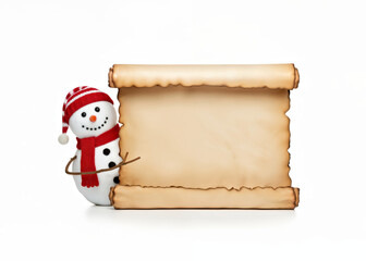 Festive Snowman with Blank Scroll for Holiday Messages and Winter Celebrations on white background