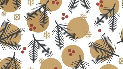 Modern Winter Pattern Tutorial Seamless Blu Pine Branch & Red Berry Design with Gold Accents
