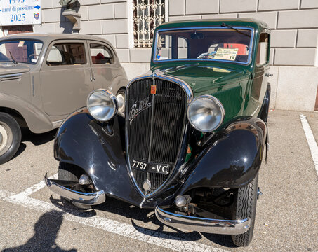 Old car, Fiat Balilla 508, built in 1934, on exhibition during a vintage car rally in Varallo Sesia, Italy, September 29, 2025