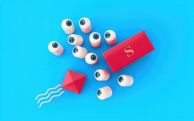 Surreal representation of public judgment and being watched, with a group of eyes focused on a mysterious red box