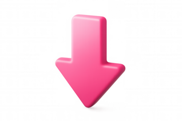 Pink 3d arrow pointing down, indicating download or direction. Rendered image on transparent background