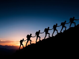 A chain of silhouetted hikers helping each other climb a steep, rocky mountain ridge at sunset, symbolizing teamwork and challenge.