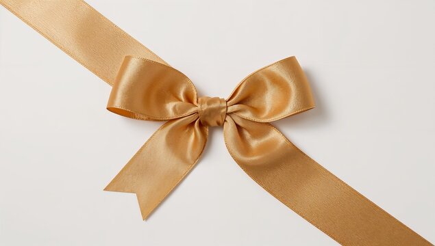 Shiny golden satin ribbon tied in a beautiful bow on a clean white background.