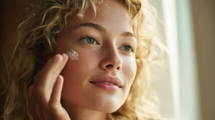 Young caucasian woman with curly brown hair and freckles applying green cream to her face with fingers. Healthy glowing skin. Generative AI