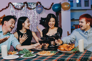 Diversity, dinner and group of people toast celebration together at party. Friends, happy and celebrate with food, wine and friendship for love, support and cheers champagne at business function