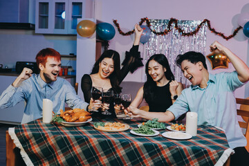 Diversity, dinner and group of people toast celebration together at party. Friends, happy and celebrate with food, wine and friendship for love, support and cheers champagne at business function