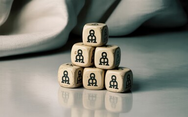 Conceptual image of a pyramid built from cubes with people icons, symbolizing hierarchy, team structure, and social organization