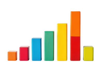 Colorful wooden blocks arranged as a bar graph showing growth and progress on transparent background