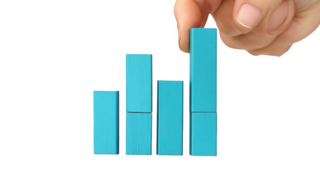 Hand placing block on bar graph showing business growth and financial success on transparent background