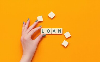 Financial concept with a woman's hand spelling the word LOAN using letter cubes on an orange surface, symbolizing debt, credit, and borrowing