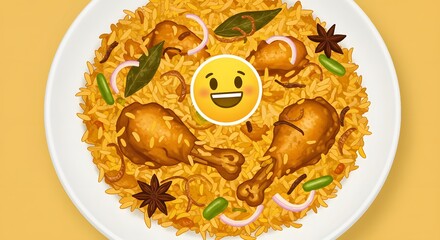 Plate of biryani with happy face, cartoon style sticker