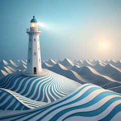 lighthouse on stylized blue and white striped waves.