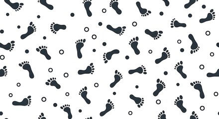 Obraz premium Seamless pattern of black human footprints and circles on a white background.