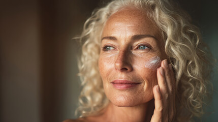 Mature caucasian woman with blonde curly hair, light skin is applying a cream to her face standing near window. Anti-aging skincare. Healthy skin. Generative AI