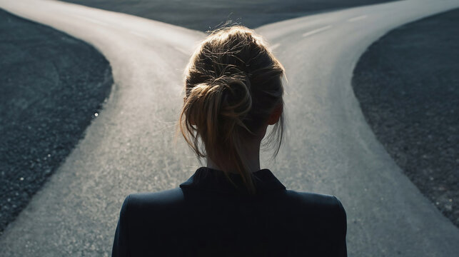 business woman in front of two roads thinking deciding hoping for taking chance