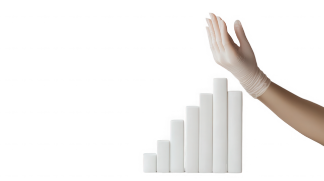 Hand in glove reaching for a bar graph showing business growth and success on transparent background