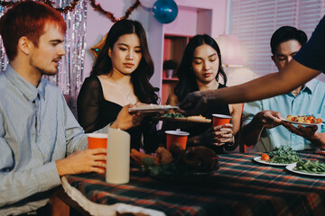 Diversity, dinner and group of people toast celebration together at party. Friends, happy and celebrate with food, wine and friendship for love, support and cheers champagne at business function