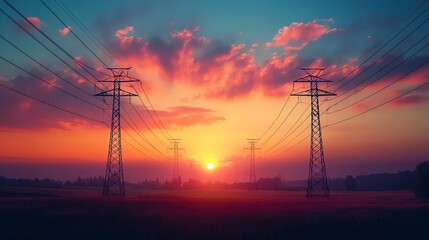 Fototapeta premium Stunning photo of power lines across a rural landscape at sunset, showcasing vibrant colors and photo-realistic detail.
