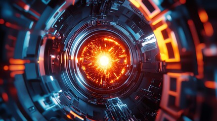 A nuclear fusion reactor chamber glows with vibrant plasma energy in a stunning futuristic design, showcasing advanced scientific innovation.