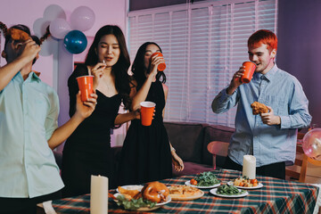 Diversity, dinner and group of people toast celebration together at party. Friends, happy and celebrate with food, wine and friendship for love, support and cheers champagne at business function