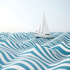 Minimalist yacht on a stylized blue and white striped waves.