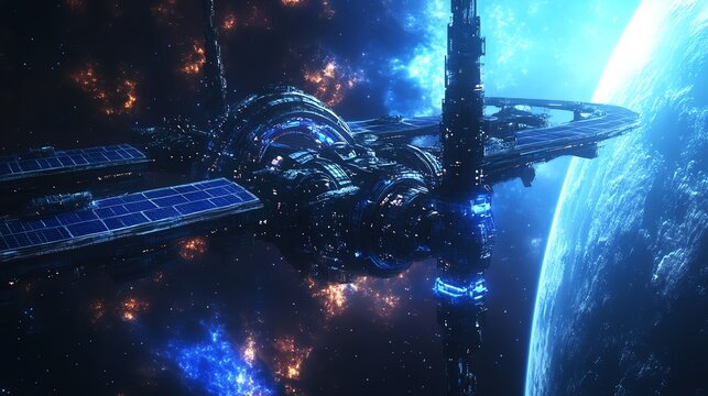 A stunning futuristic space station powered by solar energy, set against a vivid cosmic background, showcasing ultra HD detail.