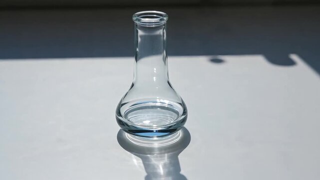Empty clear glass laboratory flask standing on a white surface with dark shadows under bright daylight