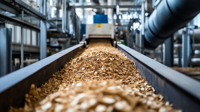 A photo-realistic depiction of a biomass energy facility featuring conveyor belts carrying organic material in intricate industrial detail.
