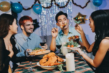 Diversity, dinner and group of people toast celebration together at party. Friends, happy and celebrate with food, wine and friendship for love, support and cheers champagne at business function