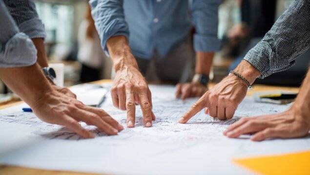 Team of architects and engineers reviewing blueprints and plans on a table, collaborating on a construction project.