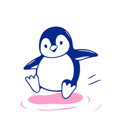 Cartoon penguin jumping on a pink surface with a cheerful expression and outstretched wings design image