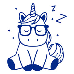 Illustration of a sleeping unicorn wearing glasses with zzz symbols and stars around it art work