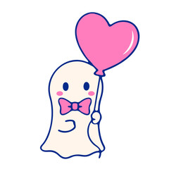 Cute ghost wearing a bow tie holding a pink heart shaped balloon on a white background illustration