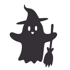 Silhouette of a cute ghost wearing a witch hat and holding a broom for halloween celebration icon art