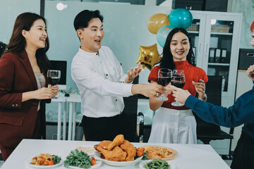 Diversity, dinner and group of people toast celebration together at party. Friends, happy and celebrate with food, wine and friendship for love, support and cheers champagne at business function