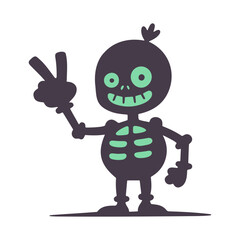 Fototapeta premium A cartoon skeleton making a peace sign with bright green eyes and rib cage on a white background art