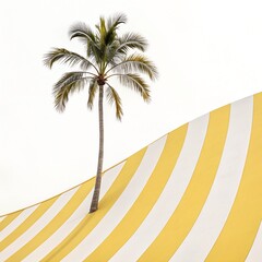 palm tree on the stylized yellow and white striped waves.