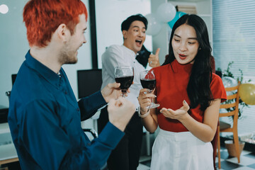 Diversity, dinner and group of people toast celebration together at party. Friends, happy and celebrate with food, wine and friendship for love, support and cheers champagne at business function