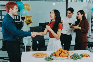 Diversity, dinner and group of people toast celebration together at party. Friends, happy and celebrate with food, wine and friendship for love, support and cheers champagne at business function