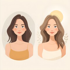 Two young women with different hairstyles and hair colors depicted in a charming flat art style representing natural beauty and individuality.