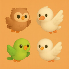 Four cute cartoon birds including an owl, suitable for childrens products, naturethemed designs, educational materials, and greeting cards.