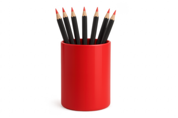 Red pencil holder containing many black and red pencils
