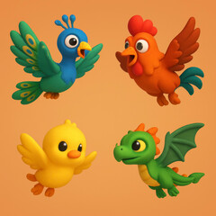 Displays cartoon figures of a peacock chick, rooster, and dragon  perfect for childrens books, posters, and educational materials.