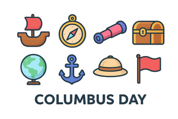 Columbus day icons. Exploration history themed columbus day items for educational projects, presentations, articles, and social media posts. Perfect for historical content.