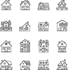 Fototapeta premium House icon set with diverse architectural styles, chimneys, porches, and roof shapes in minimal black vector line design
